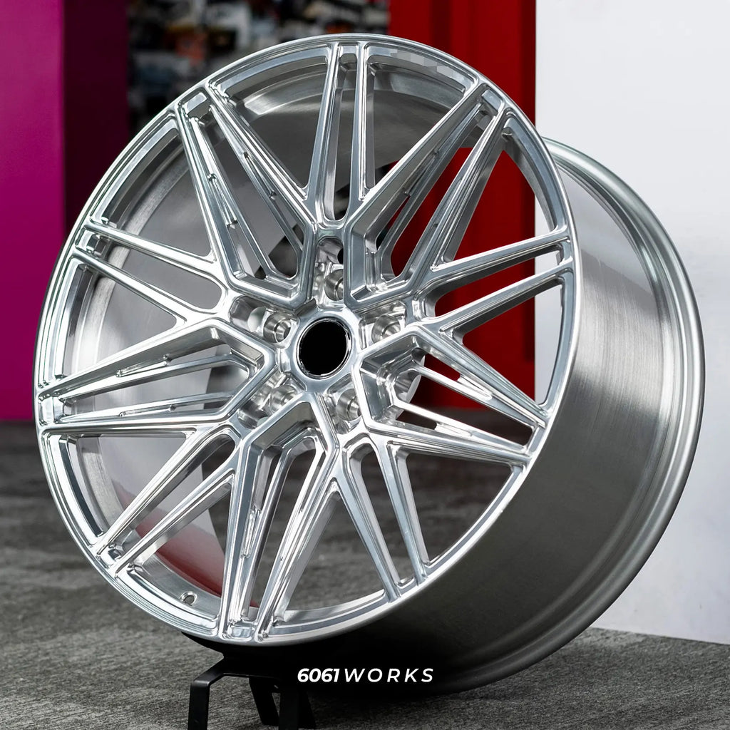 Audi Q8 4M 22 inch custom forged wheels | Vossen HF-7 style Polished finish, three-quarter view on display stand highlighting high-gloss polish