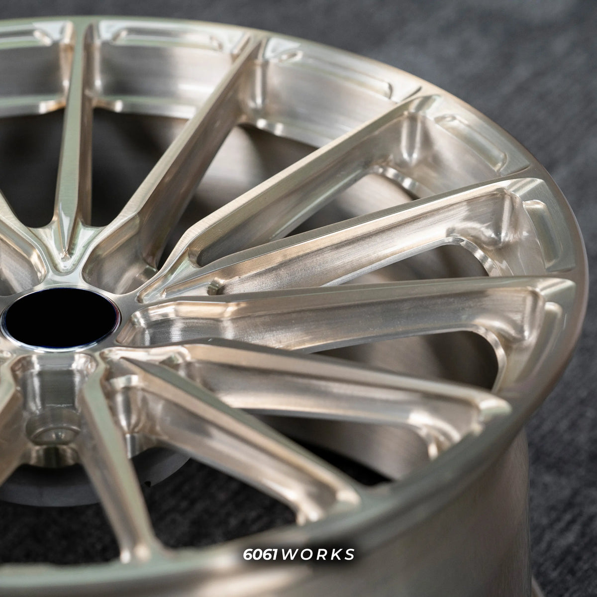 Audi RS E-TRON GT FW 21 inch custom forged wheels | P103SC style Brushed with Gold coating finish, detailed macro view on gold brushed spoke edges and outer rim lip