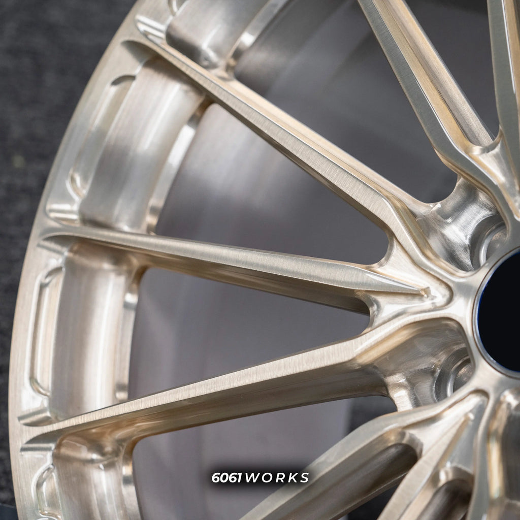 Audi RS E-TRON GT FW 21 inch custom forged wheels | P103SC style Brushed with Gold coating finish, extreme macro close-up highlighting fine brushed texture and gold clear coat