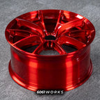 Audi RS3 8Y 18 inch custom forged wheels | Apex VS-5RS style Glossy Candy Red finish, top-down angled profile view showing full wheel width and inner barrel