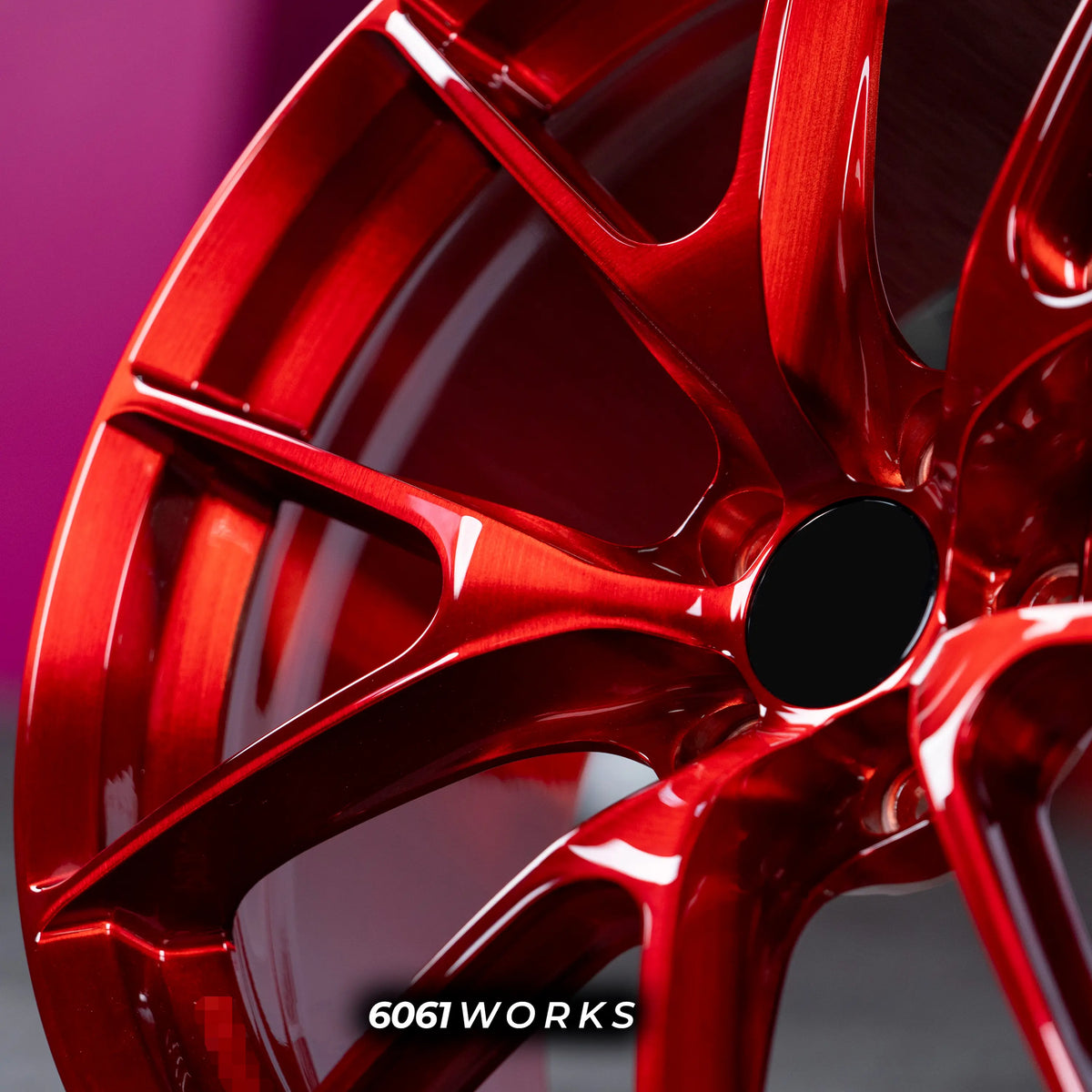 Audi RS3 8Y 18 inch custom forged wheels | Apex VS-5RS style Glossy Candy Red finish, extreme macro close-up showing split-spoke milling and vibrant metallic red luster