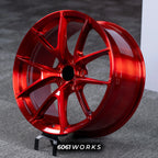 Audi RS3 8Y 18 inch custom forged wheels | Apex VS-5RS style Glossy Candy Red finish, dynamic side-angle view displaying deep concave profile and high-gloss translucent red coat