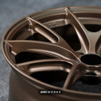 Audi RS3 8Y 18 inch custom forged wheels | Apex VS-5RS style Satin Bronze finish, extreme macro close-up showing split-spoke milling and smooth matte bronze texture