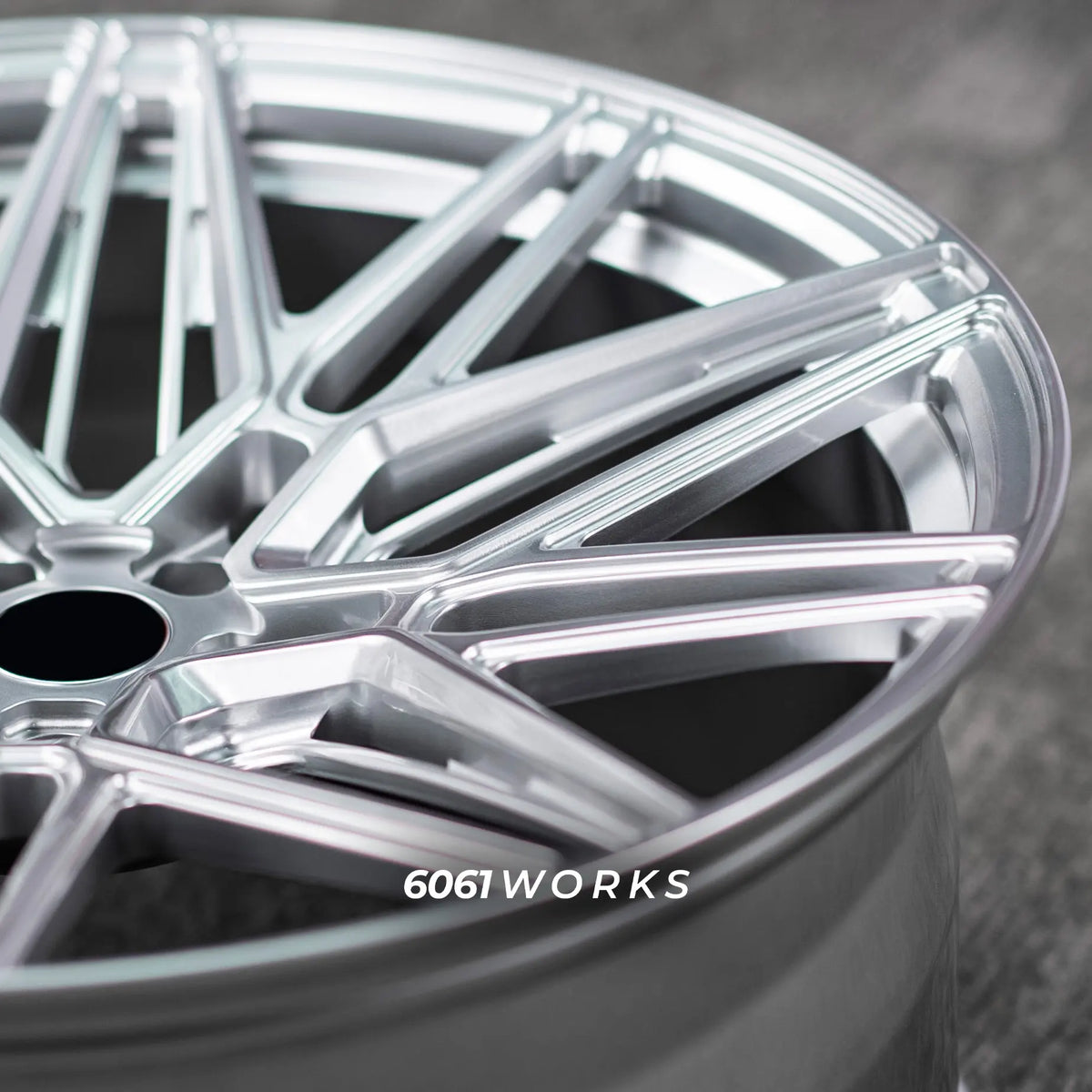 6061works Vossen EVO 5R style custom forged 19 inch wheels for Audi S4 B9 Facelift | Satin Silver texture close up