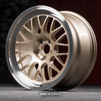 BMW 3 Series E36 Coupe 18 inch custom forged wheels | Apex ML-10RT style Satin Gold with Polished Lip, dynamic angled display view on stand