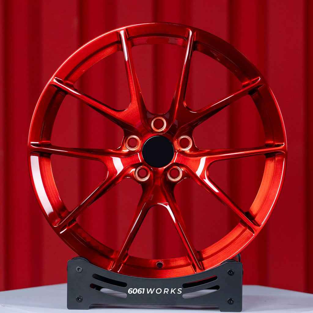 BMW M2 G87 19 inch custom forged wheels | Apex VS-5RS style Glossy Candy Red finish, straight front view on display stand showcasing track-inspired split-spoke design