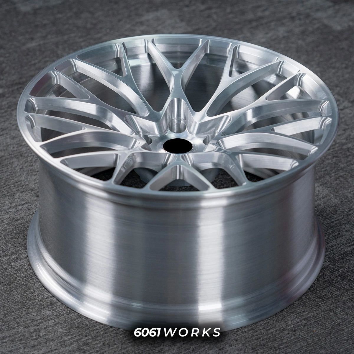 BMW M3 G80 20 inch custom forged wheels | 520M style Brushed Silver finish, top-down angled profile view showing full wheel width, wide inner barrel, and intricate multi-spoke design