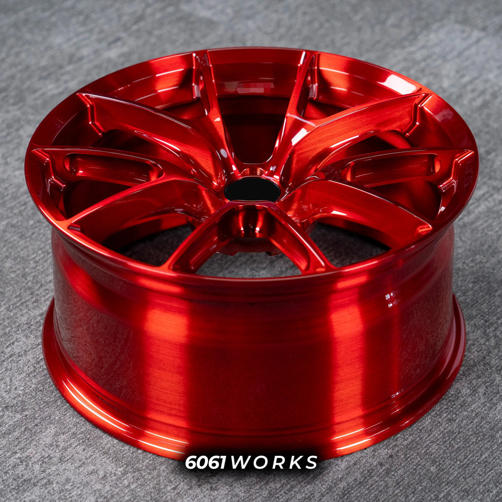 BMW M3 G80 20 inch custom forged wheels | Apex VS-5RS style Glossy Candy Red finish, top-down angled profile view showing full wheel width and inner barrel