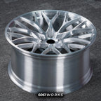 BMW M5 F90 21 inch custom forged wheels | 520M style Brushed Silver finish, top-down angled profile view showing full wheel width, wide inner barrel, and intricate multi-spoke design