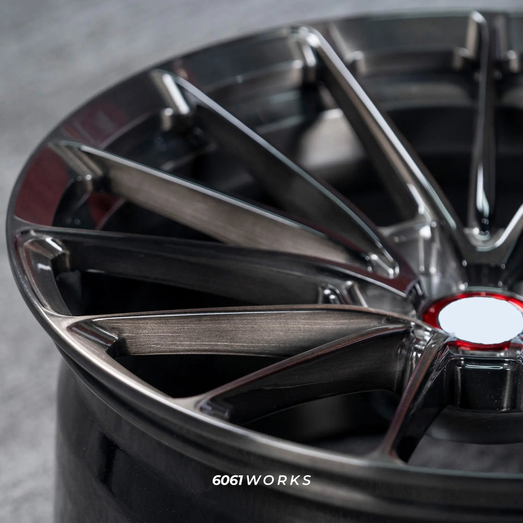 Custom forged wheels for Ferrari 296 GTB 21 22 Inch | Anrky AN19 style Brushed with Dark Coating texture close up