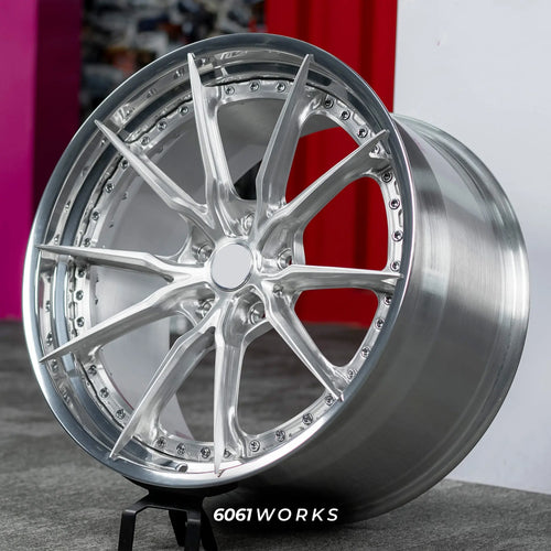Ferrari 456 GT 19 inch custom forged wheels | S104SC style Brushed Face with Polished Barrel 2-Piece finish, three-quarter view on display stand highlighting brushed texture and polished lip