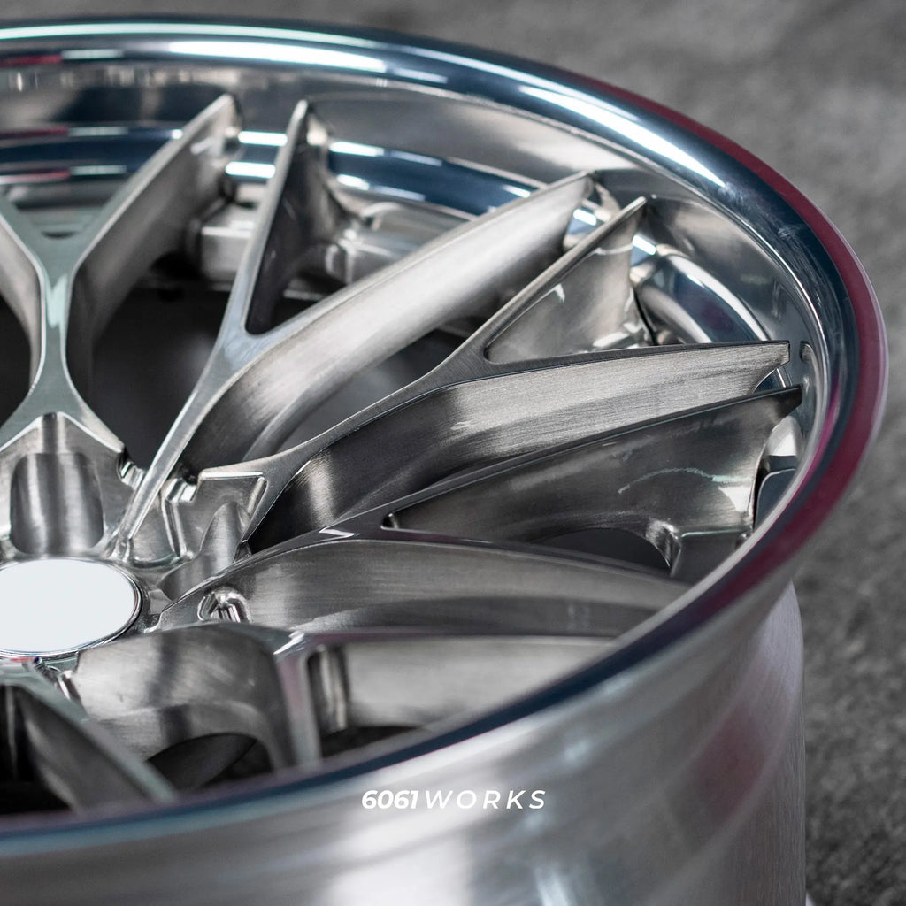 Custom forged 2-piece wheels for Ferrari 456 GT 19 inch | S200 style Polished Lip and spokes close up