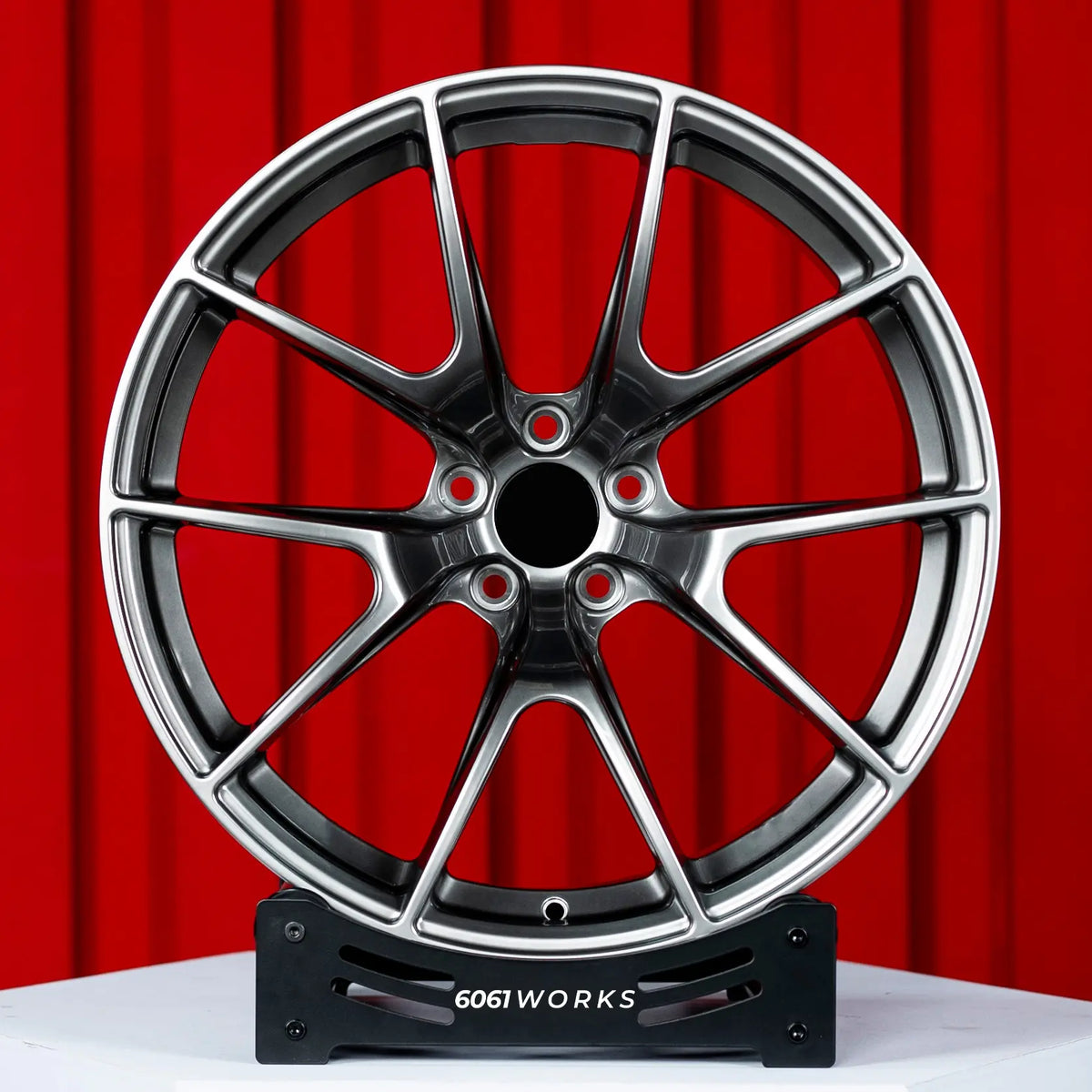 Ferrari 458 Italia 20 inch custom forged wheels | Apex VS-5RS style Gloss Gunmetal, straight front view displaying 5-split spoke pattern