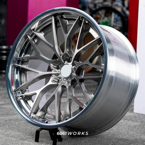 Ferrari 488 21 22 inch S200 style 2-piece forged wheels | Brushed Face Polished Lip 3/4 view