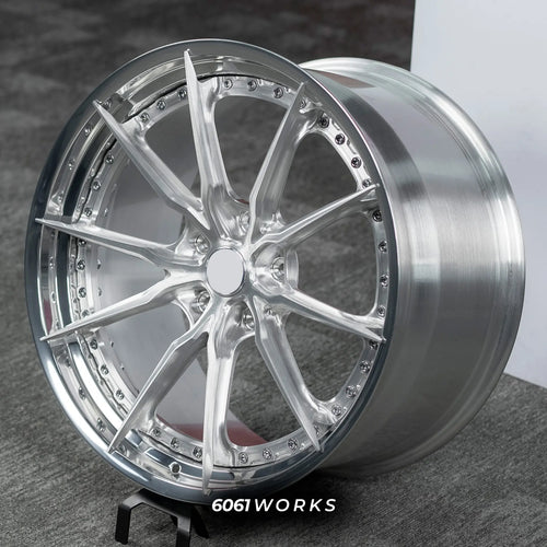 Ferrari F12 Berlinetta 21 22 inch custom forged wheels | S104SC style Brushed Face with Polished Barrel 2-Piece finish, angled studio display view showing split Y-spoke geometry