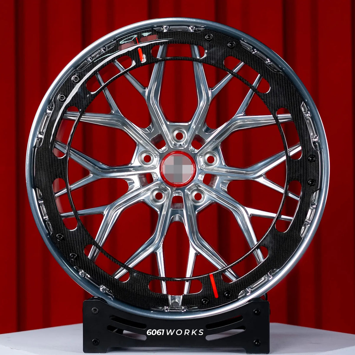 Lamborghini Huracan LP610-4 20 21 inch AL13 109R style forged wheels | Polished with Carbon Aero ring, straight front view on stand
