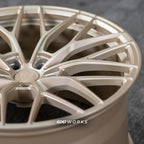 McLaren 720S 20 21 inch custom forged wheels | Anrky AN10 style Satin Gold, macro detail view on spokes and rim