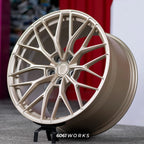 Custom forged wheels Anrky AN10 style for McLaren 720S 20 21 inch | Satin Gold, angled display view on stand