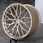 McLaren 720S 20 21 inch custom forged wheels | Anrky AN10 style Satin Gold, angled view on stand