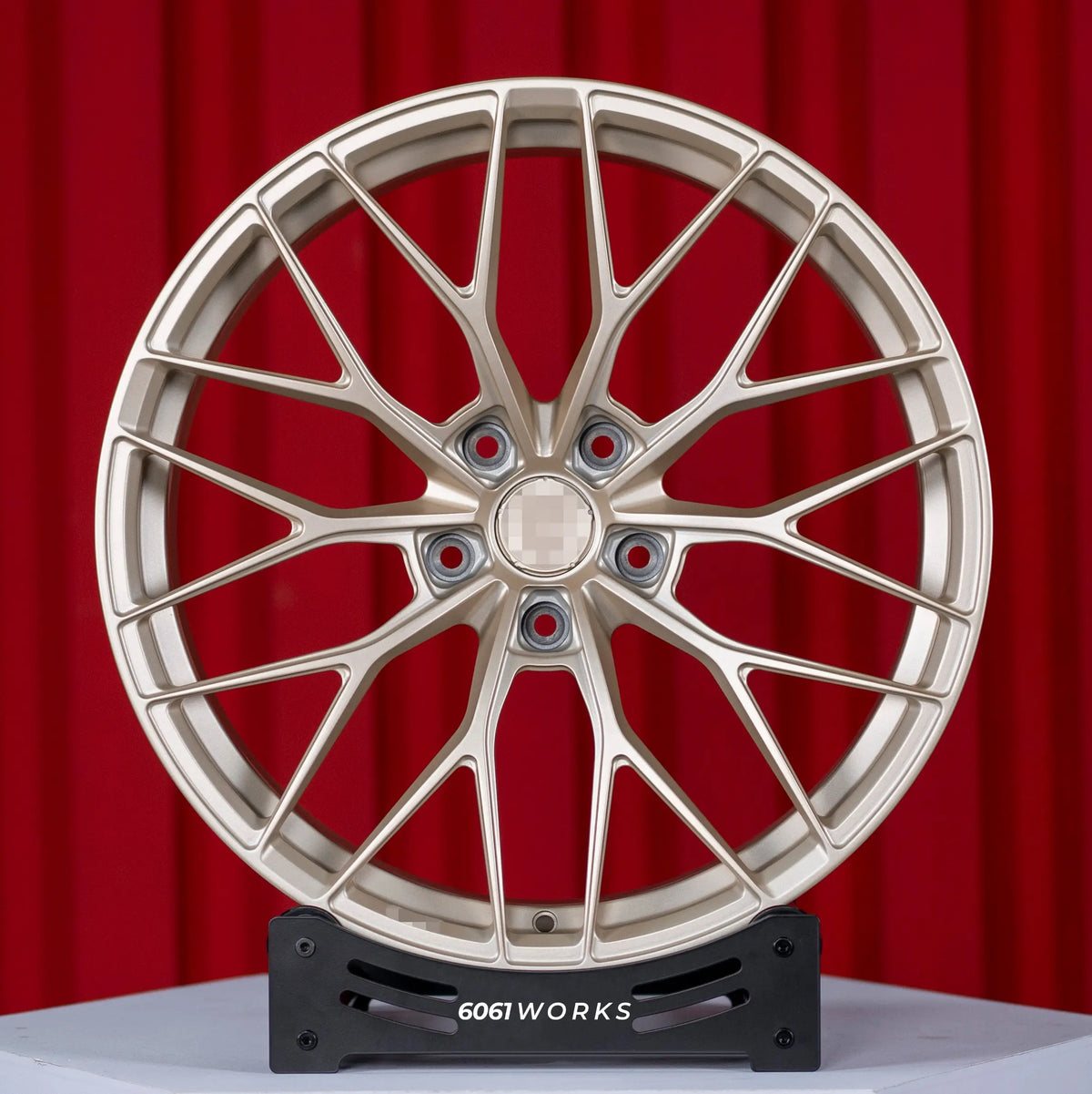 McLaren 720S 20 21 inch Anrky AN10 style forged wheels | Satin Gold, straight front view on stand