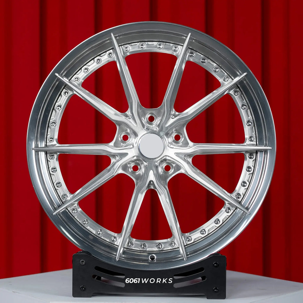 McLaren 720S 20 21 inch custom forged wheels | S104SC style Brushed Face with Polished Barrel 2-Piece finish, straight front view on red backdrop displaying aggressive mesh pattern