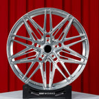 Mercedes-AMG GT 55 4MATIC+ C192 21 inch custom forged wheels | Vossen HF-7 style Polished finish, straight front view on red backdrop displaying aggressive mesh pattern