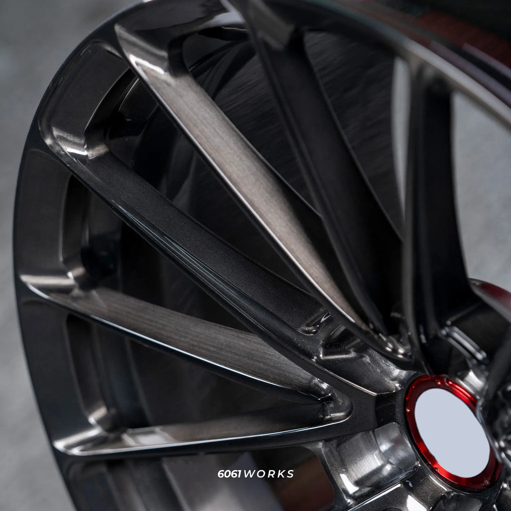 Custom forged 22 Inch wheels for Mercedes Benz GLE 63 AMG Coupe C167 Facelift | Anrky AN19 style spokes close up in Brushed with Dark Coating