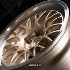 Porsche 911 997 GT2 GT3 RS 19 inch custom forged wheels | Apex ML-10RT style Satin Gold with Polished Lip, top-down macro view on stepped polished lip and spoke edges