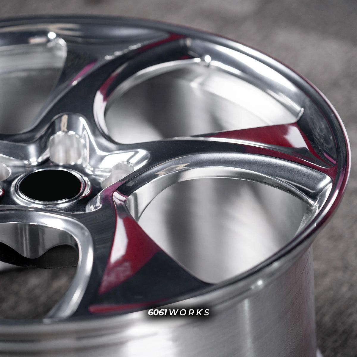 Porsche Taycan 21 inch custom forged wheels | 522M style Polished finish, detailed macro view on polished aluminum spoke contours and outer rim edge