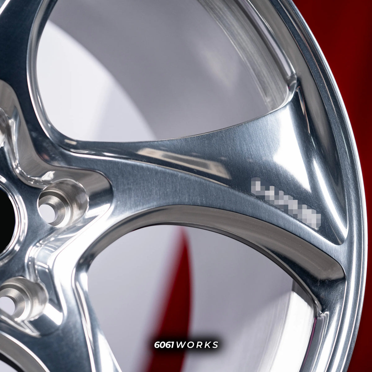 Porsche Taycan 21 inch custom forged wheels | 522M style Polished finish, extreme macro close-up showing CNC engraving and smooth mirror-polished spoke edges