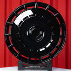 Custom forged wheels Vossen HF9 style for Rolls Royce Ghost II 22 Inch | Gloss Black front view on stand