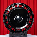 Rolls Royce Phantom 24 inch custom forged wheels | Mansory FD.15 style Gloss Black, straight front view on red backdrop stand