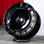 Rolls Royce Phantom 24 inch custom forged wheels | Mansory FD.15 style Gloss Black, dynamic angled display view on stand