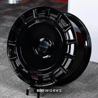Rolls Royce Phantom 24 inch custom forged wheels | Mansory FD.15 style Gloss Black, alternative angled view on stand