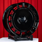 Rolls Royce Phantom 24 inch custom forged wheels | Mansory FD.15 style Gloss Black, double wheel setup display view on red backdrop