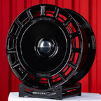 Rolls Royce Phantom 24 inch custom forged wheels | Mansory FD.15 style Gloss Black, front angled view on red backdrop stand